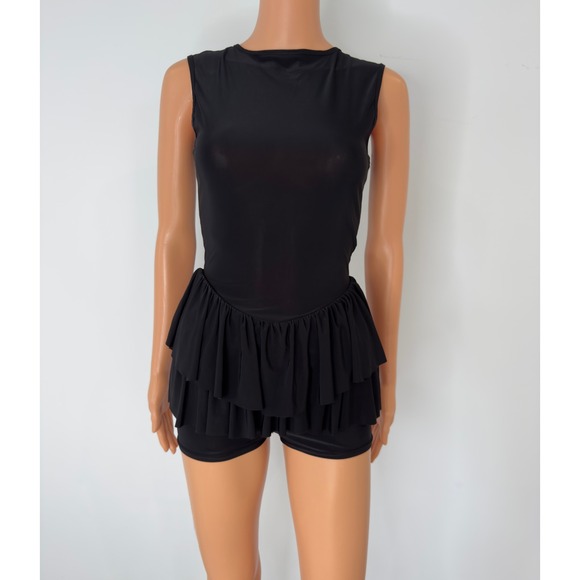 PrettyLittleThing Pants - PrettyLittleThing Black Sleeveless Tiered Ruffle Romper Womens 2 Keyhole Back 2